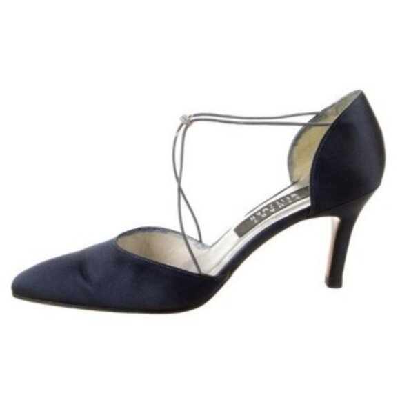 VTG 90s STUART WEITZMAN 7.5 Crystal Embellished Satin D'Orsay Black Satin Pumps - Picture 2 of 6